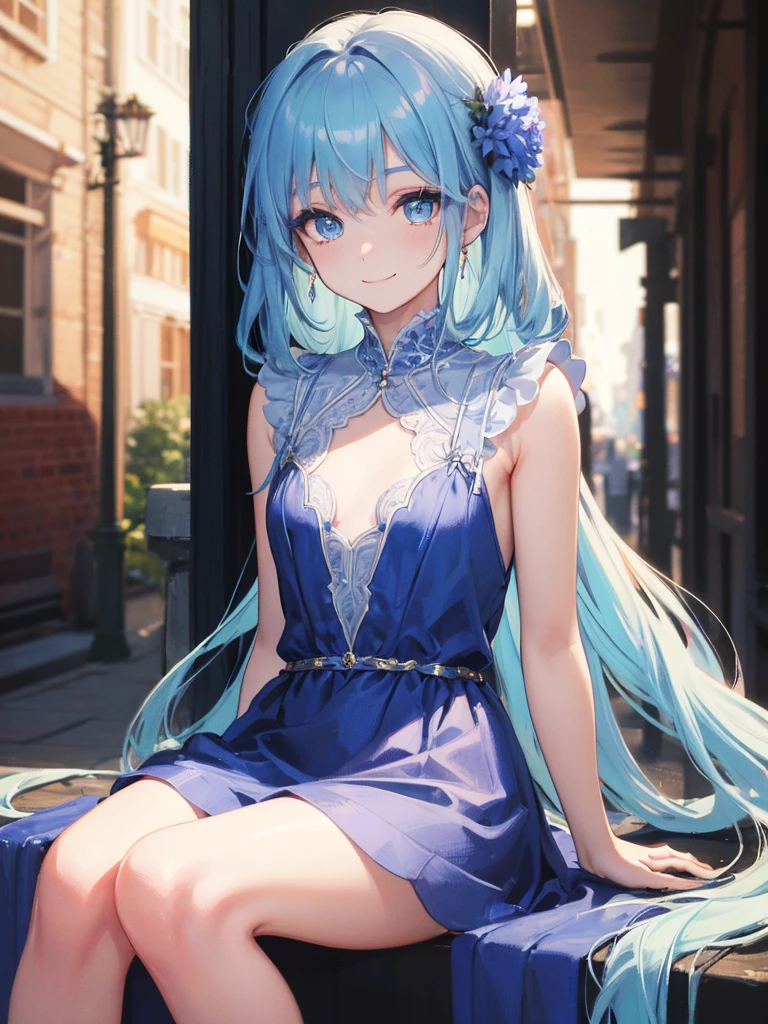 art by Cornflower,(master piece),(4k),((arms behind back)),high quality,flat chest,1girl,pale skin,(pastel blue hair),Dramatic makeup,smiling elegantly,beautiful detailed blue eyes,blue silky dress, (Highly detailed elegant),Fade out beautifully, Detailed skin,The background is soft and blurry,Add a dramatic and symbolic element to your scene, Depth of written boundary, Bokeh, Silky to the touch, Hyper Detail,sitting,outdoor,Brush strokes