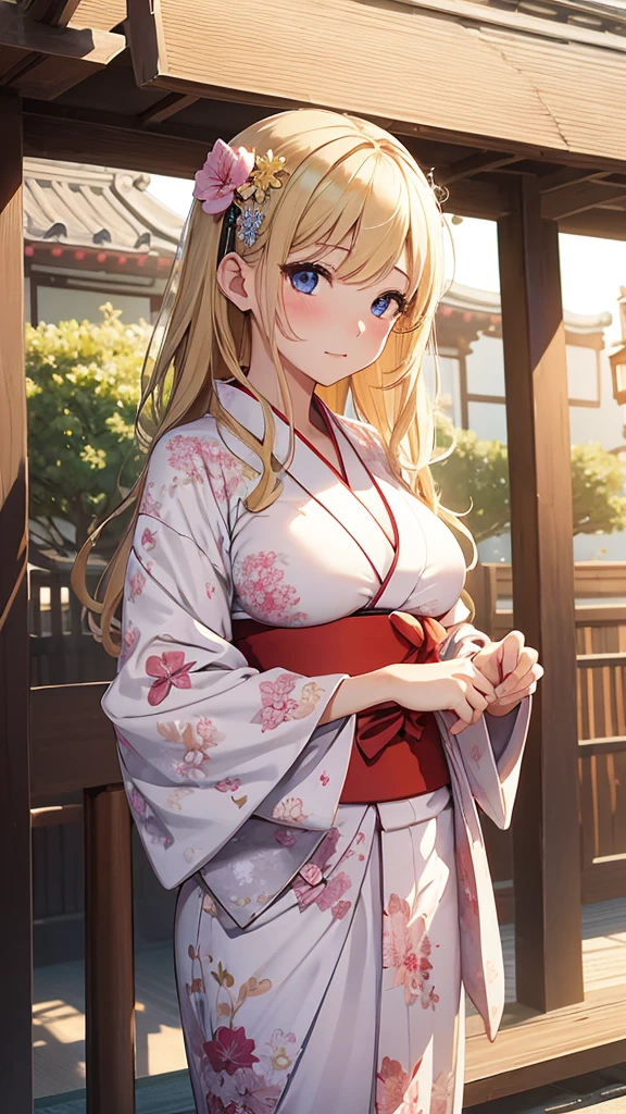 ((Highest quality)), ((masterpiece)), (detailed), One girl, sexly、Busty Japanese woman、Beauty、Embarrassed expression、whole body、Angle from below、Blonde、yukata、festival venue、