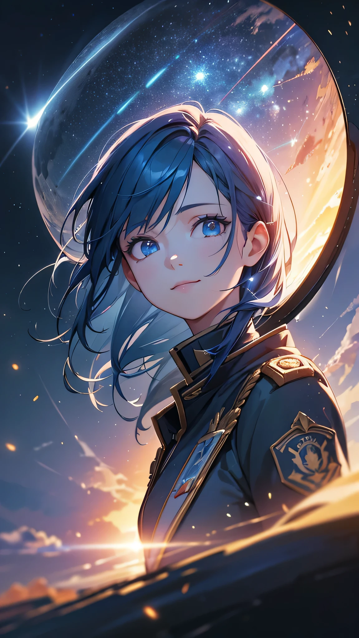 a beautiful young girl in military uniform, blue hair, looking up at the night sky, smiling, shooting star, floating light particles, whole body, fisheye lens effect, (best quality,8k,highres,masterpiece:1.2),ultra-detailed,(realistic,photorealistic,photo-realistic:1.37),HDR,studio lighting,ultra-fine painting,sharp focus,physically-based rendering,extreme detail description,professional,vivid colors,concept art