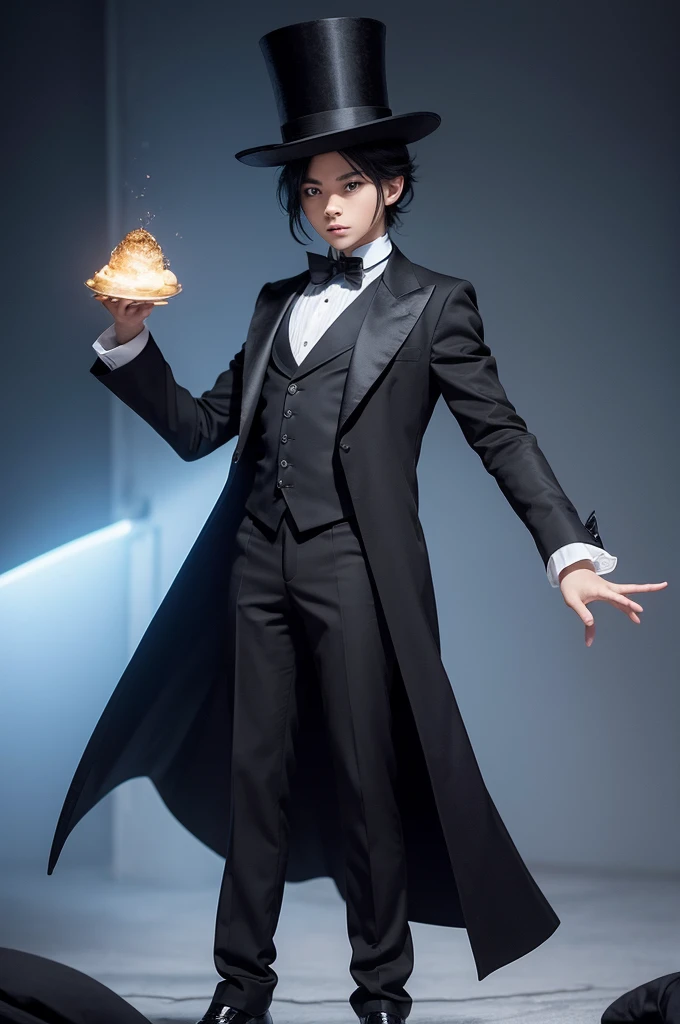I want a photo of Faith, he is a creator of dimensions, so he is a powerful being, he has a top hat, he only has a rich outfit that is black and holds a top hat and he is the size of 10 years old and has a cartoonish look.