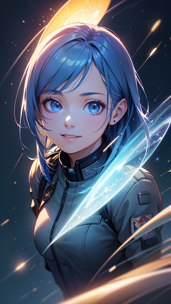 a beautiful young girl in military uniform, blue hair, looking up at the night sky, smiling, shooting star, floating light particles, whole body, fisheye lens effect, (best quality,8k,highres,masterpiece:1.2),ultra-detailed,(realistic,photorealistic,photo-realistic:1.37),HDR,studio lighting,ultra-fine painting,sharp focus,physically-based rendering,extreme detail description,professional,vivid colors,concept art