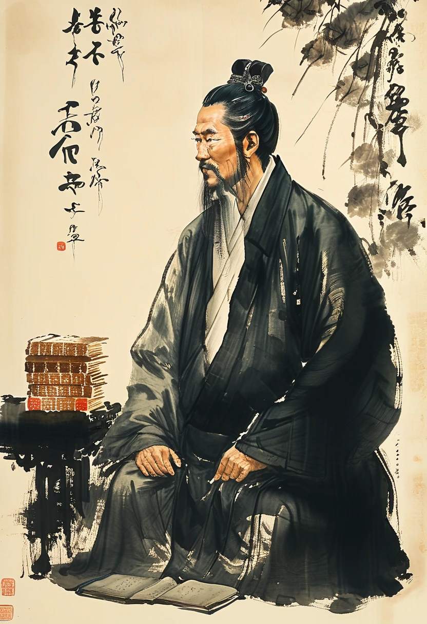 A figure painting of Du Fu, the great Tang Dynasty poet, in the style of Fu Baoshi, with a somber and contemplative expression, reflecting his deep concern for the people and his times. He should be shown seated in a humble abode, surrounded by books and scrolls, his face etched with worry and sadness.