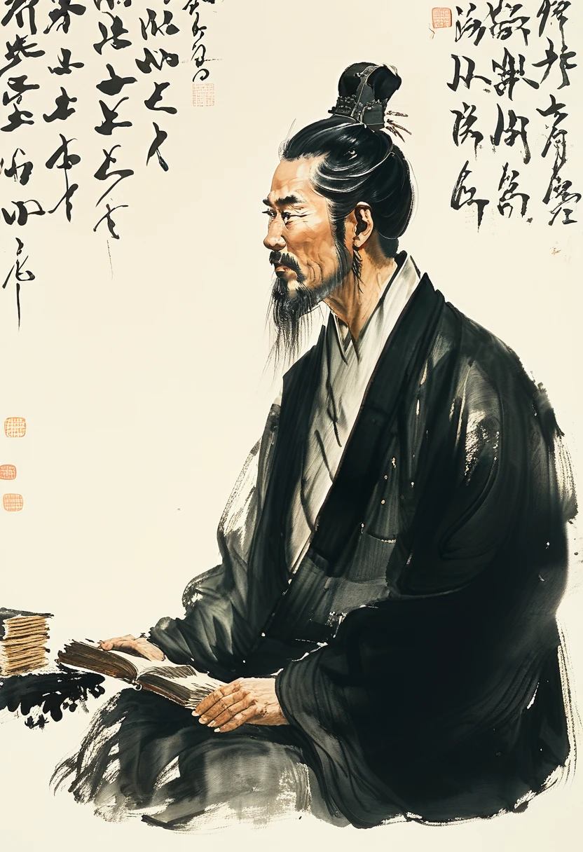 A figure painting of Du Fu, the great Tang Dynasty poet, in the style of Fu Baoshi, with a somber and contemplative expression, reflecting his deep concern for the people and his times. He should be shown seated in a humble abode, surrounded by books and scrolls, his face etched with worry and sadness. 