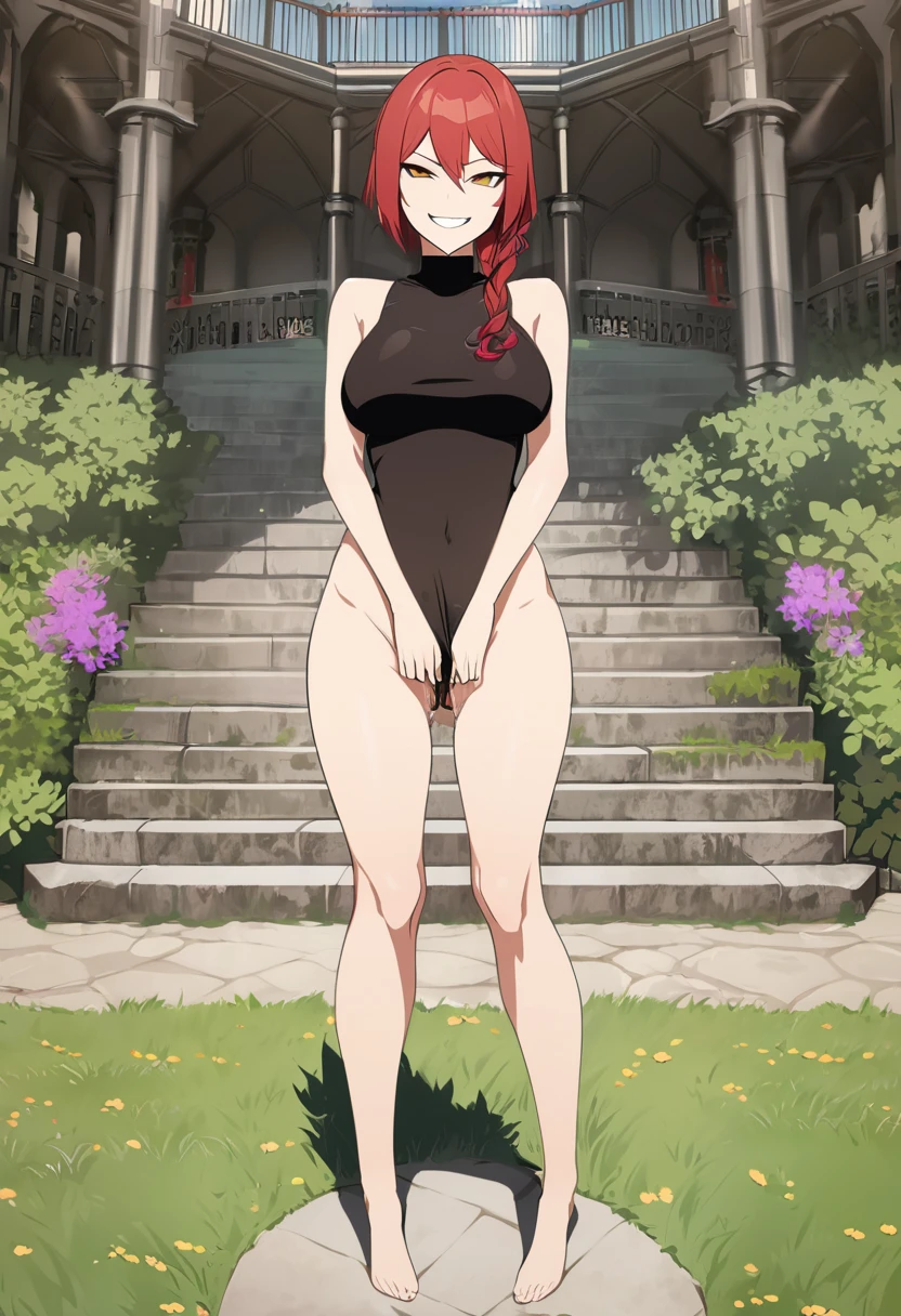 ((High Quality image 10k)) (( perfect autonomy)) Masterpiece, solo girl, brown eyes, red hair, wearing sleeveless black shirt, naked Bottom, pussy focus, pussy juice coming From pussy, sexy legs, evil smug grin, barefoot, Standing, in the park