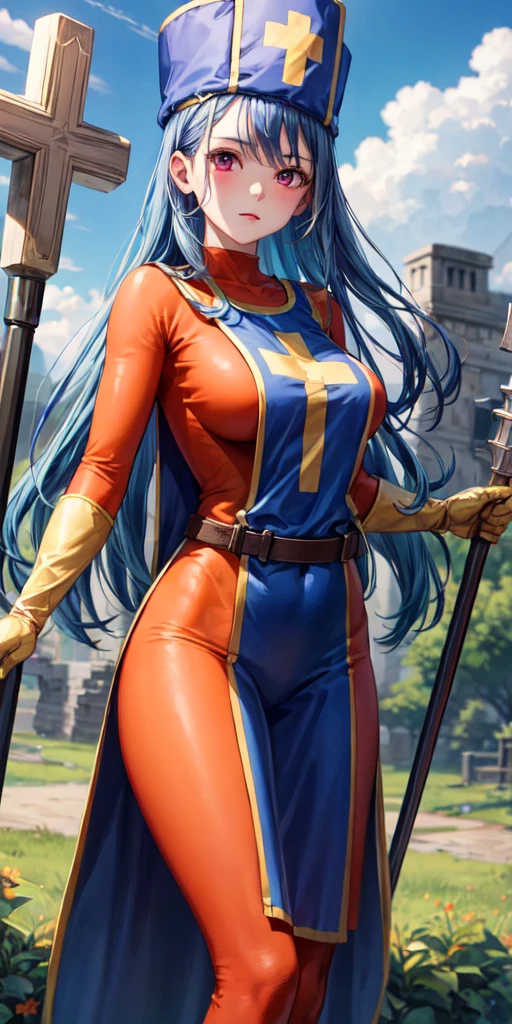(masterpiece, best quality:1.1), priest \(dq3\), 1girl, solo, long hair, blue hair, red eyes, mitre, tabard, cross print, orange bodysuit, elbow gloves, large breasts, holding, staff, nature, blue sky, cowboy shot,