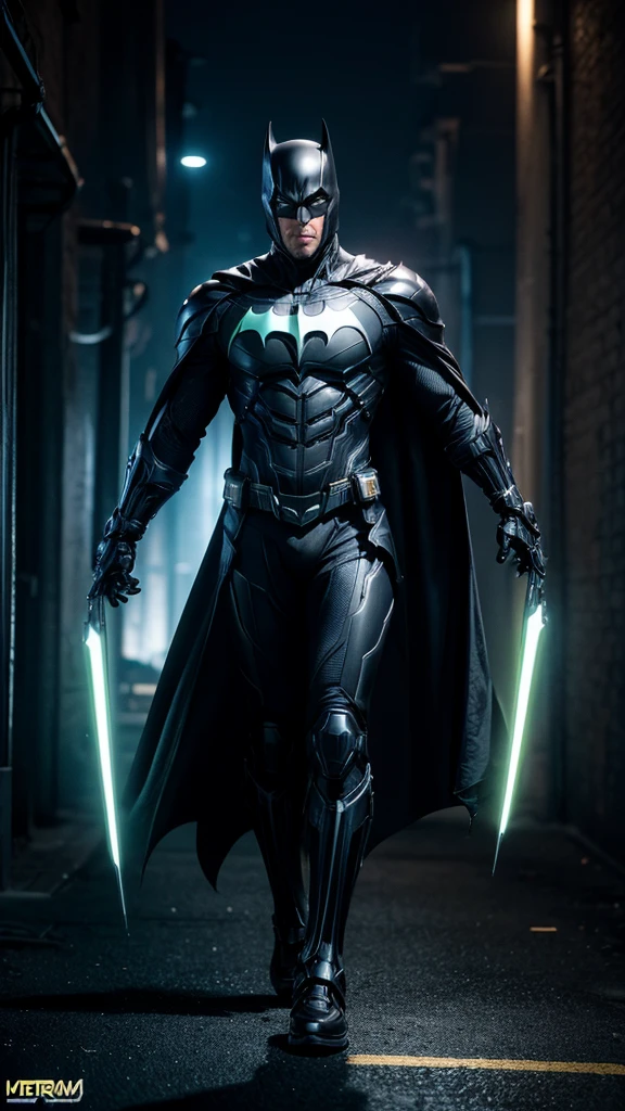 Masterpiece, best quality, NVIDIA RTX, sharp picture, ultra details, cinematic lightning, hi-tech futuristic batman:1.3, perfect face details, proportional body, facial hair, luminous eyes:1.3, perfect mouth:1.3, neon luminous cybernetic-armor:1.3, black gold cybernetic-armor:1.3, perfect cape, cape blown by strong winds:1.3, symmetrical pose, full body, epic lights reflections, night, dark alley, fogs