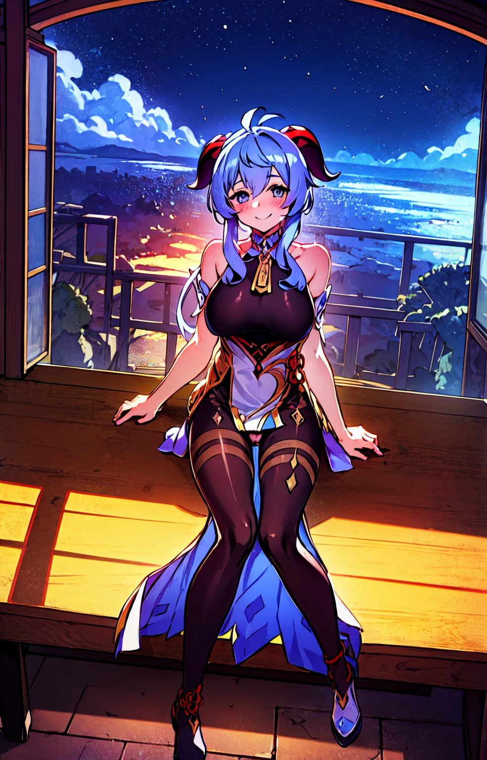 Very detailed,Pieces fly, Highest quality, Anime Images, Anime style etc.., Hired \(Genshin Impact\), Sit at the table, View from above, smile, 1 Girl, Twin Horn, ticker,Fits your body type, I can see the pussy , blush, Colorful pastel fantasy,Sexy pose,Very detailed background,Nice views,Beautiful and beautiful scenery,((Very detailed landscape)),Incredibly high quality,Night Sky