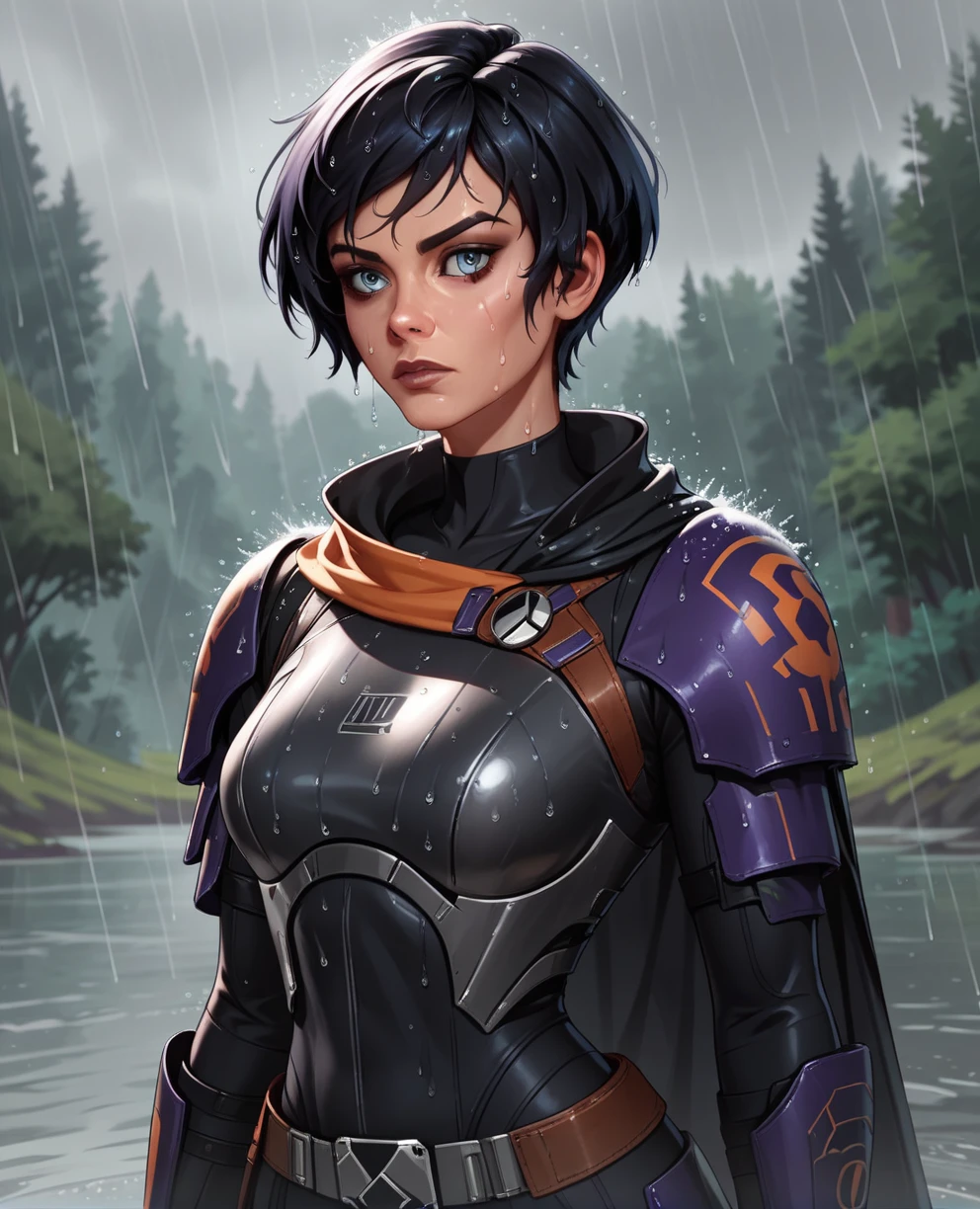score_9,score_8_up,score_7_up,score_6_up, sabine wren ,,black hair, upper body, wet, armor,gloves,black bodysuit,black cape,belt,rain, science fiction,sith base, star wars, outdoors, rain, solo,fflixbag wearing armor sabine wren
