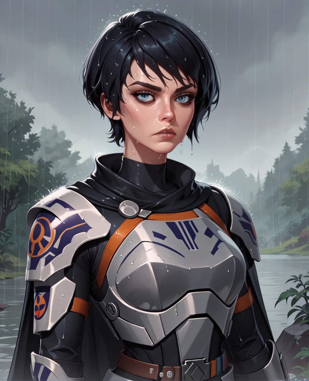 score_9,score_8_up,score_7_up,score_6_up, sabine wren ,,black hair, upper body, wet, armor,gloves,black bodysuit,black cape,belt,rain, science fiction,sith base, star wars, outdoors, rain, solo,fflixbag wearing armor sabine wren
