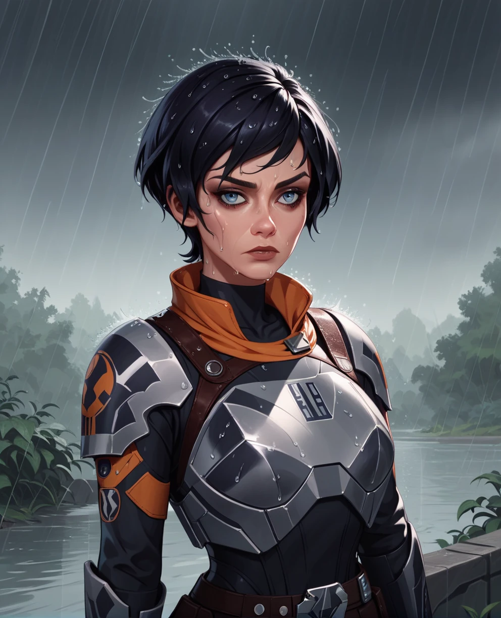 score_9,score_8_up,score_7_up,score_6_up, sabine wren ,,black hair, upper body, wet, armor,gloves,black bodysuit,black cape,belt,rain, science fiction,sith base, star wars, outdoors, rain, solo,fflixbag wearing armor sabine wren