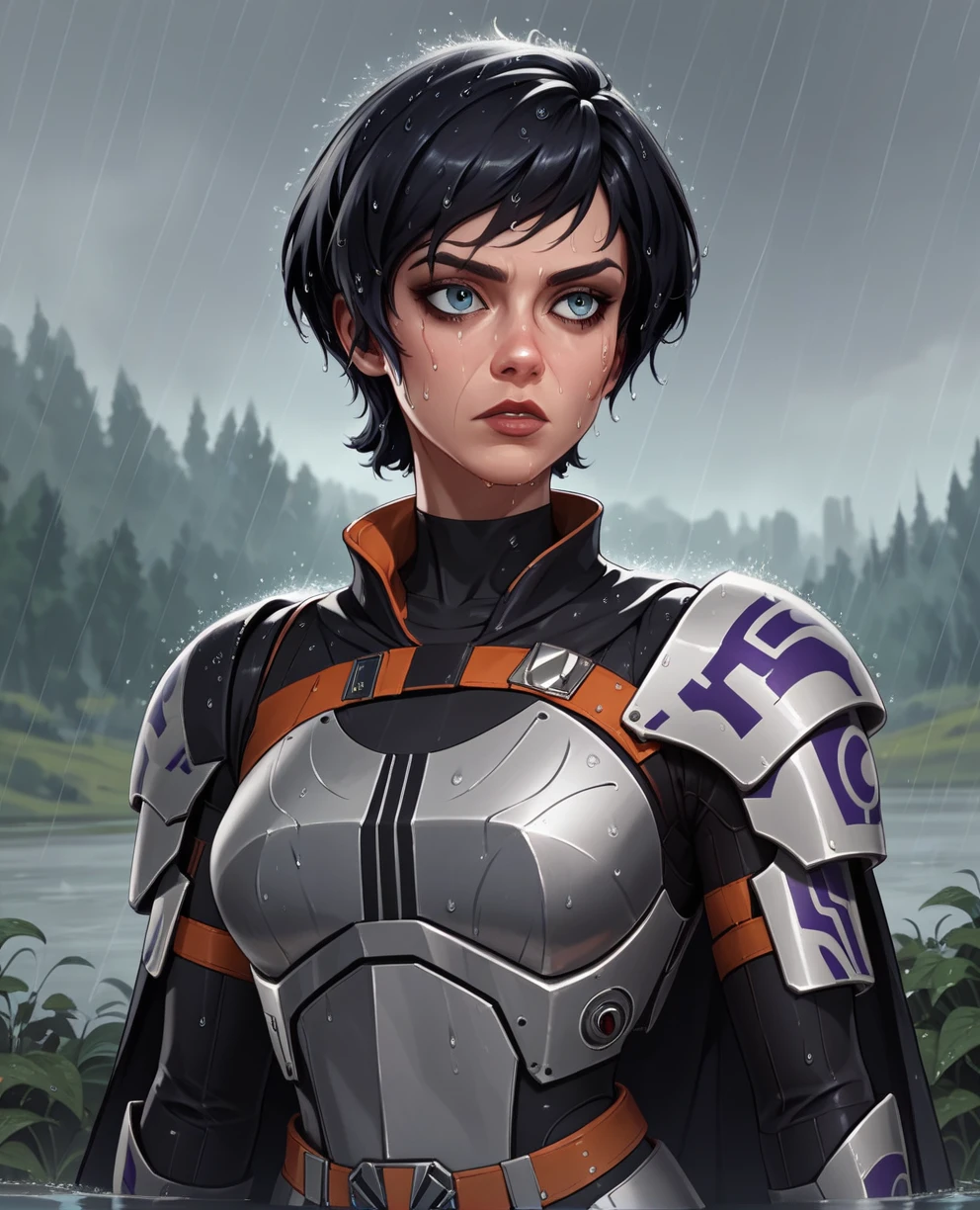 score_9,score_8_up,score_7_up,score_6_up, sabine wren ,,black hair, upper body, wet, armor,gloves,black bodysuit,black cape,belt,rain, science fiction,sith base, star wars, outdoors, rain, solo,fflixbag wearing armor sabine wren
