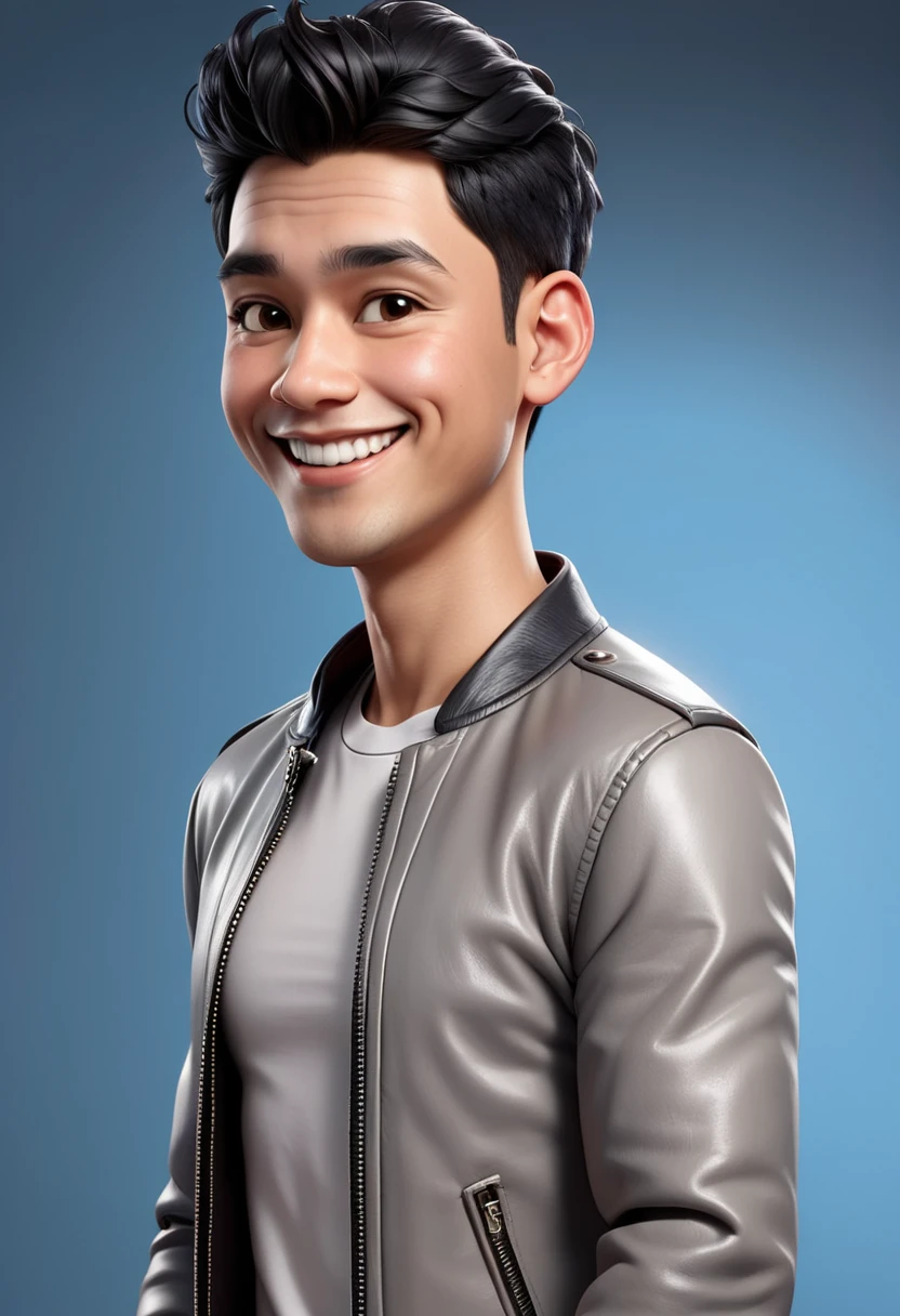 Create a 3D animation of a cartoon caricature with a big head. a 20 year old Indonesian man. He has short black hair parted on the right side. His face is oval with smooth lines, thick and neat black eyebrows, normal eyes, a big nose, and thin lips with a wide, friendly smile. He wore a light gray leather jacket over a white t-shirt. Gradient blue background with professional lighting. masterpiece, top quality, highly detailed skin and face, ultra-realistic, high definition, studio lighting, sharp focus, 2/3 body angle, Concept Art, 3D rendering.