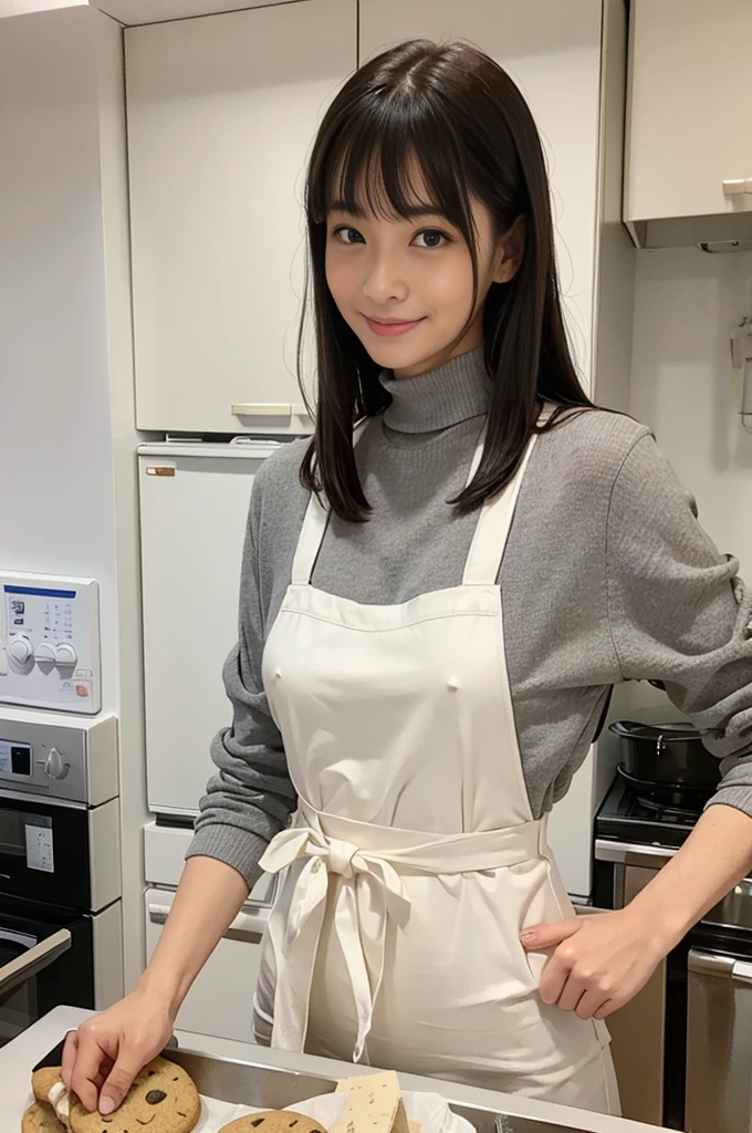 Browsing Caution:1.1、Active women, smile、Age: 40 years old, Mature Woman, Bake cookies in a sunny kitchen, Surrounded by flour, Stir the bowl,Japanese、Black long sleeve turtleneck、Huge breasts 、Black Hair、Wearing a white apron、((Super tight clothes))、(blunt bangs)