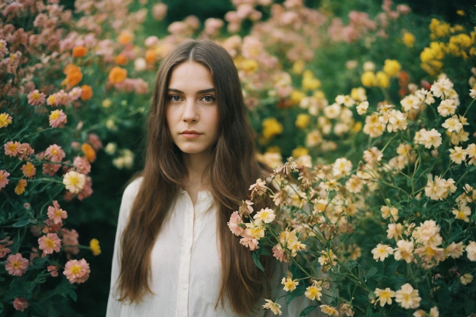 arafed woman with long brown hair standing in front of flowers, looking at the camera, infp young woman, amongst flowers, girl with brown hair, girl with long hair, 50mm portrait, 7 0 mm portrait, young with long hair, girl in flowers, a beautiful young woman, 3 5 mm portrait, beautiful young girl, monia merlo, 60mm portrait
