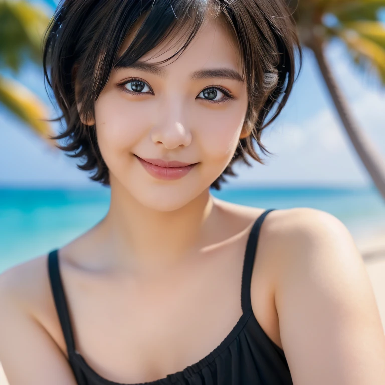 (award winning, 8k, super detailed, high resolution, best quality, photography, portrait), 1girl, solo, beautiful girl, beautiful eyes, detailed eyes, (black eye), ((short hair)), black hair, at the beach, POV, (arms wide open pose), smiley, ocean breeze, sunlight, sunset, coconut tree, back lighting