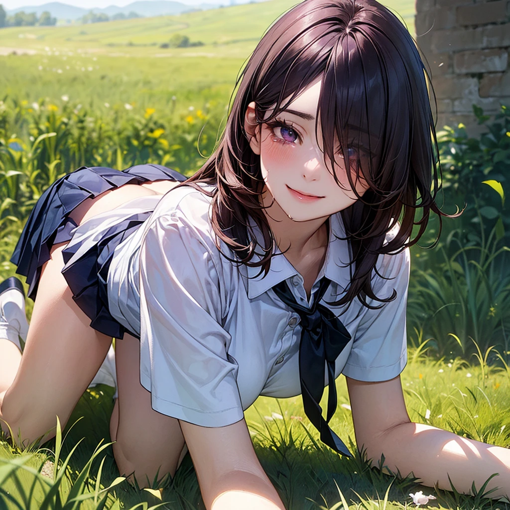 (masterpiece:1.2, top-quality), (realistic, photorealistic:1.4), beautiful illustration, (natural side lighting, movie lighting), ,
looking at viewer, face focus, upper body, 1 girl, japanese, high school girl, perfect face, cute and symmetrical face, shiny skin,
(long hair:1.5, straight hair:1.4, dark purple hair), hair over one eye, dark purple, long eye lasher, (large breaductive thighs, big ass), nipplardeniender,
beautiful hair, beautiful face, beautiful detailed eyes, beautiful clavicle, beautiful body, beautiful chest, beautiful thigh, beautiful legs, beautiful fingers,
((detailed cloth texture, short sleeves white collared shirts, navy pleated mini skirt), black tie),
(beautiful scenery), evening, blackboard, standing, (lovely smile, upper eyes), In a grassy meadow, a girl is on all fours, and a dog is holding her from behind and holding her close at the waist.
The girl's face is bright red and flushed, her eyes are closed, her mouth is open, and she cries out.
