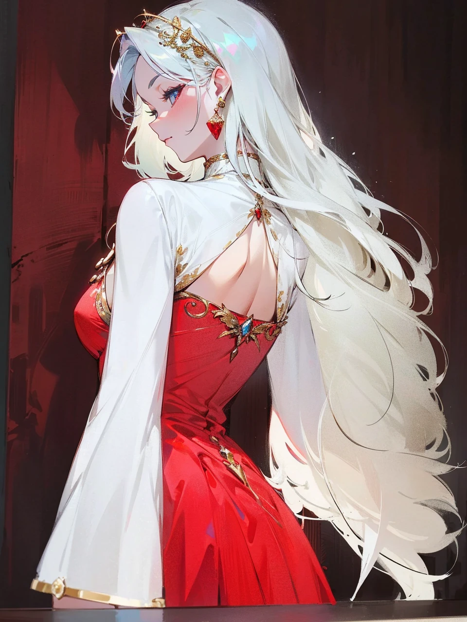 Add in roses to her dress, a good back dress design with some golden jewelry, make her dress into a red and white gown with a hat, give her some unique Jewelry, and make her look somewhat of a demonic angel like appearance to her