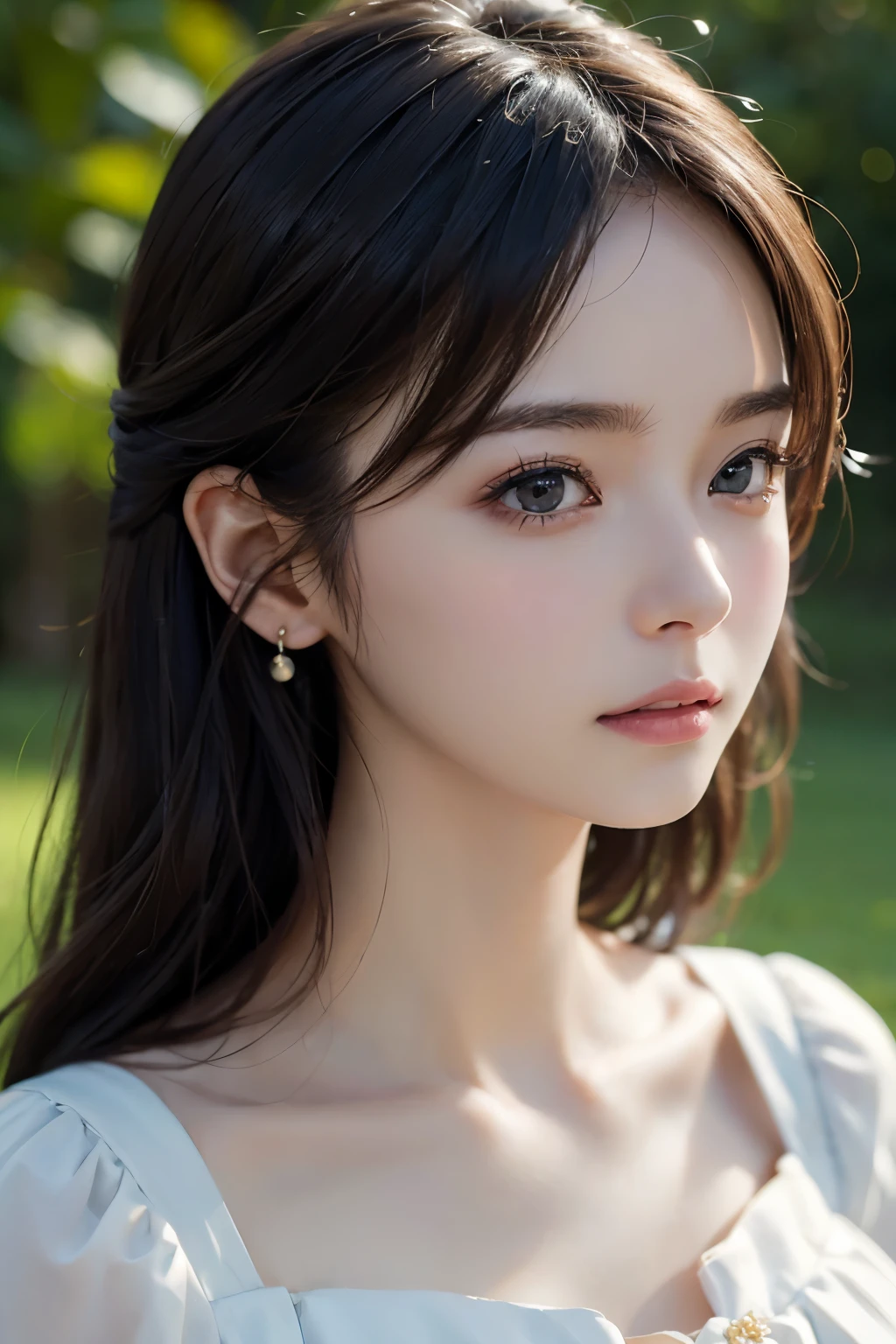 (grassland), Seductive pose, 背景がgrassland、Image from chest up:1.6)、Close-up portrait of a woman wearing a white off-the-shoulder top dress and earrings, Soft portrait shot 8k, Nice delicate face, High-quality 4K portraits, High-quality portraits, Soft, perfect, pale skin, 8K Highly Detailed Face, なbeautiful繊細な顔, beautiful光の大きな目, Beautiful and realistic face, beautiful14Old woman, Beautiful and realistic face, cute14Old woman