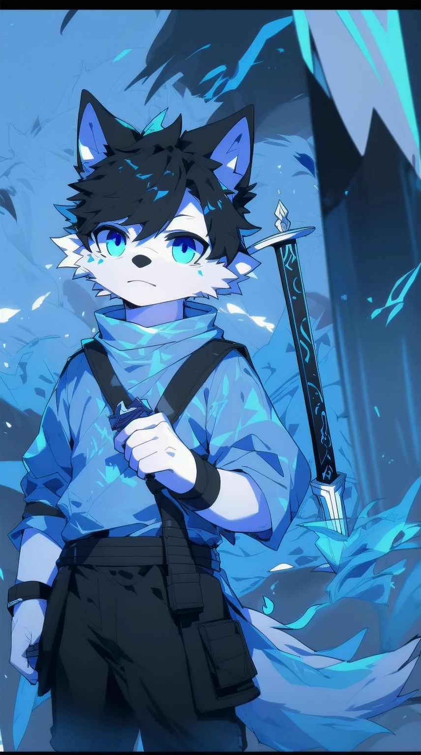 White Wolf，black hair，Sky blue eyes，hairy，Wolf ears，Wolf tail，Full body portrait，The character is in the center of the frame，Handsome，Confident eye***but，juvenile，Black and white combat uniform，Red neck bib，Black shorts，Short sleeve，hairy arms and legs，Dark background，Dark battlefield，dawn，sunrise，dawn，illumination，shadow，Swordsman，Scabbard and Hold the hilt of a in your hand，The scabbard is at the waist，Highest quality,A tall stature
