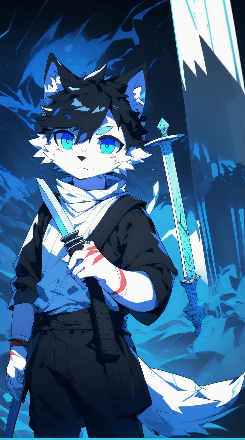 White Wolf,black hair,Sky blue eyes,hairy,Wolf ears,Wolf tail,Full body portrait,The character is in the center of the frame,Handsome,Confident eye***but,juvenile,Black and white combat uniform,Red neck bib,Black shorts,Short sleeve,hairy arms and legs,Dark background,Dark battlefield,dawn,sunrise,dawn,illumination,shadow,Swordsman,Scabbard and Hold the hilt of a in your hand,The scabbard is at the waist,Highest quality,A tall stature