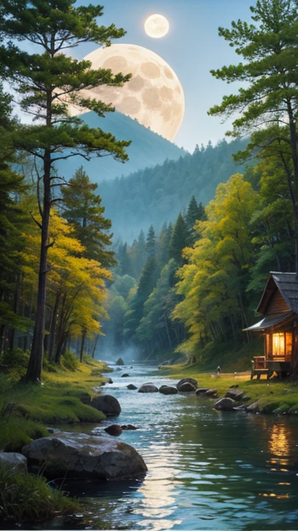 In the Dark、moonlight、Ancient Forest、Dark Forest、Night Forest、Deep in the forest、Timberwolves、Wolf pack、Four-legged beast、Waterfront、A town swallowed by the forest, wild nature oil painting