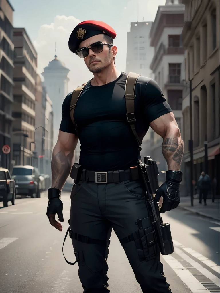1 man, 45-year old, character of the game Cal of Duty Modern Warfire stands calmly, portrait of (strong soldier), wearing (black t-shirt) , (red military beret), (black sunglasses) and (grey army pants), (black half-gloves), cool, (short brown hair:1.2), tall, (epic pose), (full length:1.2) warzone