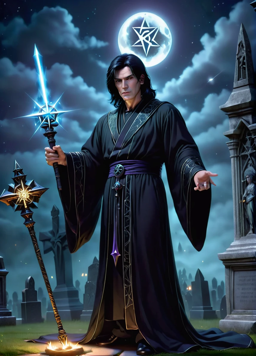 necromancer, (old slim male: 1.5), (bold spot black hair: 1.1), (sly nasty look: 1.5), skinny, pentagram symbols and patterns, old graveyard at night, night cemetery , holding an magic staff, full shot, ((looking at viewer:1.2), (from side:0.8)), full black robe, athletic, volumetric lighting dynamic lighting, real shadows, vibrant contrasting colors, style of Stephen Hickman and Stan Manoukian, ultra realistic, masterpiece, high quality, highres, sharp focus, intricate, sharp details, highly detailed, rich color, 8K,