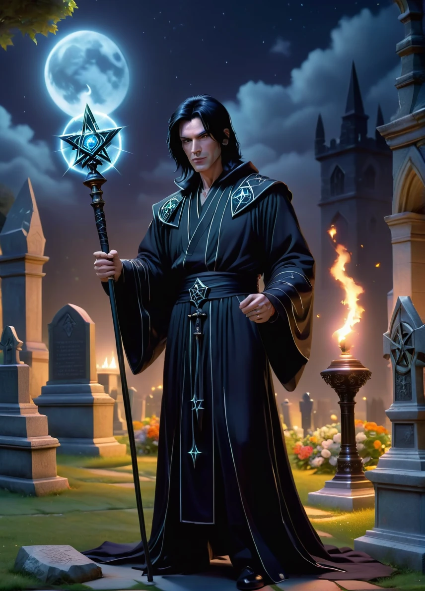 necromancer, (old slim male: 1.5), (bold spot black hair: 1.1), (sly nasty look: 1.5), skinny, pentagram  symbols and patterns, old graveyard at night, night cemetery , holding an magic staff, full shot, ((looking at viewer:1.2), (from side:0.8)), full black robe, athletic, volumetric lighting dynamic lighting, real shadows, vibrant contrasting colors, style of Stephen Hickman and Stan Manoukian, ultra realistic, masterpiece, high quality, highres, sharp focus, intricate, sharp details, highly detailed, rich color, 8K,