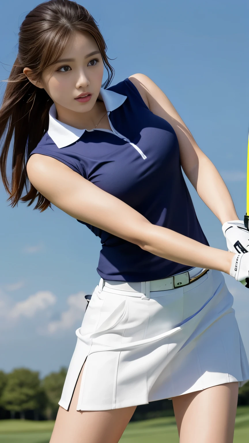(masterpiece, high quality, High resolution,high resolution ), (Girl swinging a golf club:1.3), (Golf Club、Professional Golfer、Tight golf wear、skirt、Golf course)、Very detailed,colorful,Most detailed, (dynamic motion), (Shiny skin), (Many colors:1.4), Beautiful Face、(Super big breasts:1.8、Small waist:1.3)、realism、Realistic、Photorealistic、(Realistic face and skin texture)、photo shoot、Three Dimensional、超A high resolution 、Dynamic Pose、Dynamic Action、Perfect ???????、Hitting the ball with a golf club、Seriousness、(Very large breasts)、
