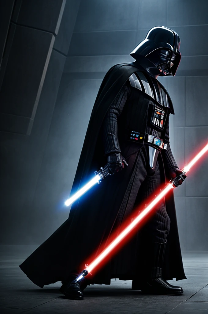 Darth vader fithing whit is lightsaber against a jedi