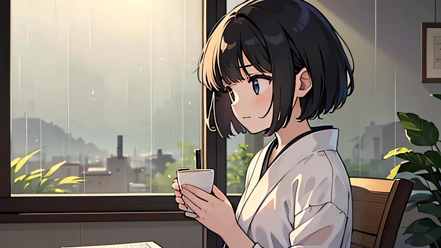 1girl, solo, flat chest, short hair, black hair, standing,((masterpiece, illustration, best quality), ((best quality)), ((masterpiece)),, Scene of a cafe with rain falling outside the window, a girl is reading a book while drinking hot chocolate at a window seat, warm light and calm expression are impressive, Japanese anime style