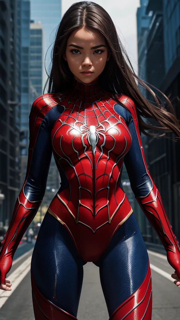 4k, Masterpiece, 8k, full HD, cristal clear, a girl wearing spider woman suit. Details body, details everything.