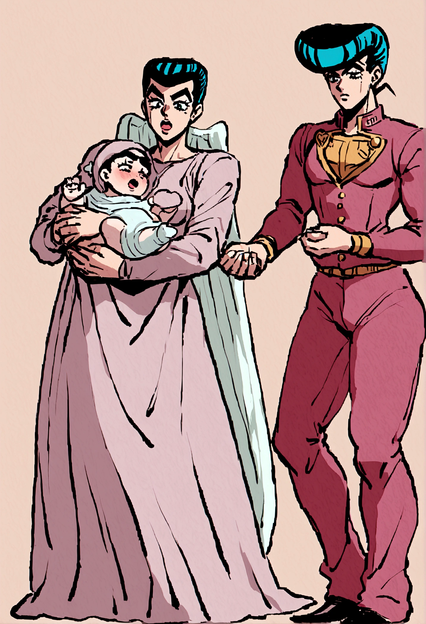 Create the fictional character Josuke Higashikata from Jojo's Bizarre Adventure Part 4 Diamond is Unbreakable giving birth at a hospital, Okuyasu Nijimura his partner holds his hands and the midwife is The Medic from Team Fortress 2 who is delivering Josuke's baby