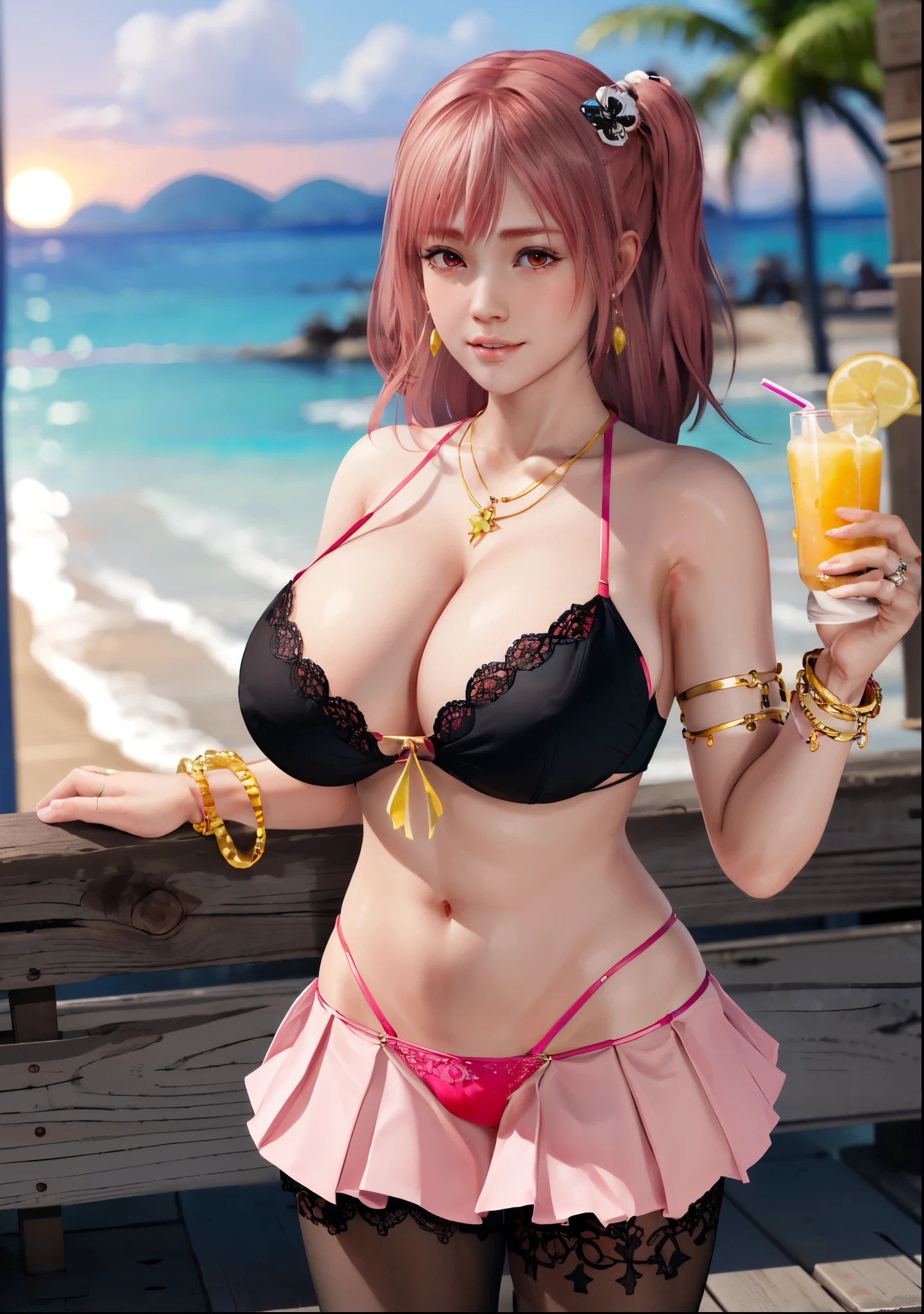 Honoka, Pink bikini ,Super short pleated skirt, bracelet,ring, university student,Pink Hair,Huge breasts,Cleavage,Low-cut,miniskirt,pantyhose,cute,necklace,earrings,beach,drinks,lemon,Sunset,Lace,shy,Ice cream,orange juice