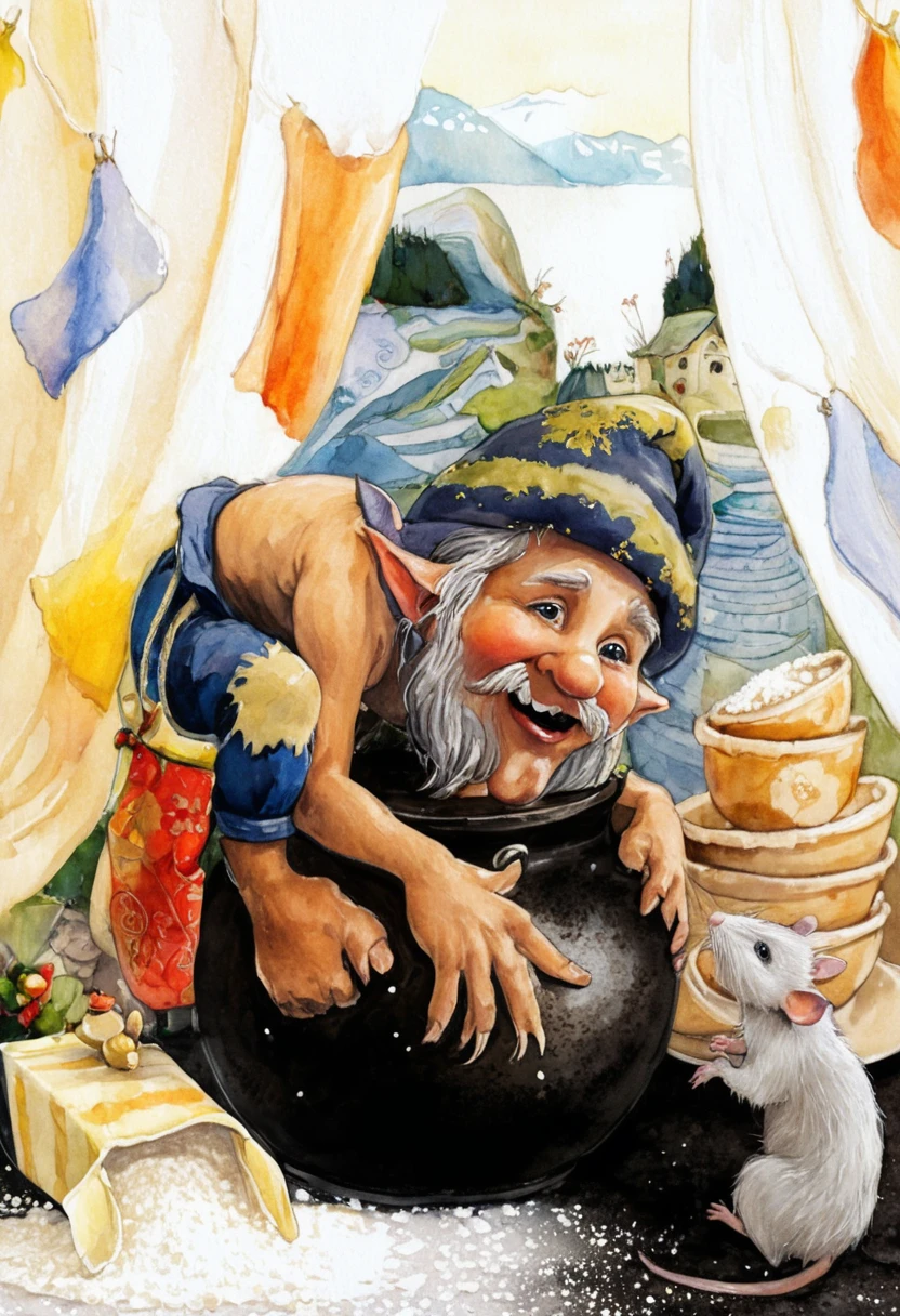 Little gnome sits on a pot of porridge, packet of flour, white rat, in the background there is a mountain of unwashed dishes, fairy tale, fantasy