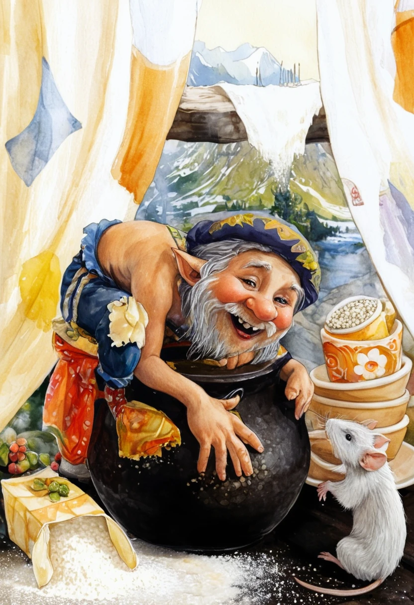 Little gnome sits on a pot of porridge, packet of flour, white rat, in the background there is a mountain of unwashed dishes, fairy tale, fantasy