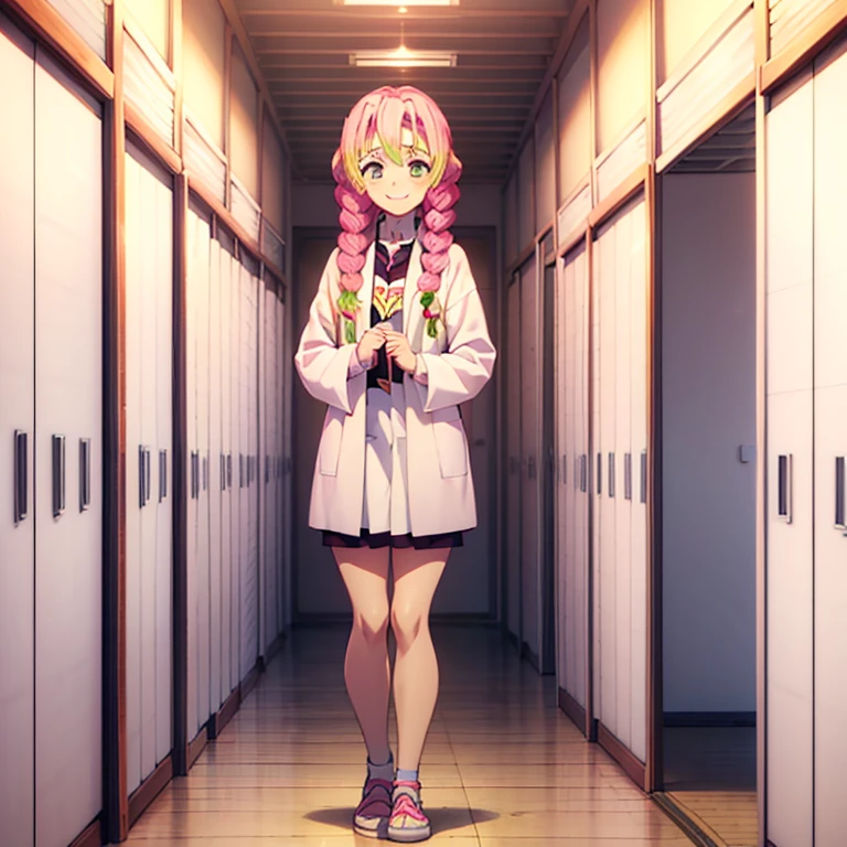 Kanroji Mitsuri is standing alone with a smile in a clean, white changing room with lockers covering the entire wall.