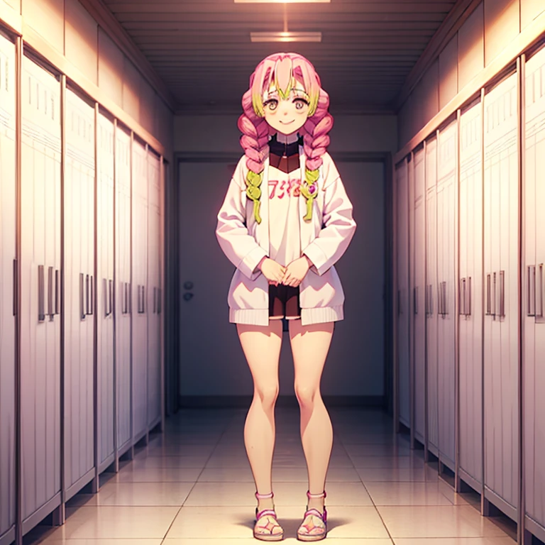 Kanroji Mitsuri is standing alone with a smile in a clean, white changing room with lockers covering the entire wall.