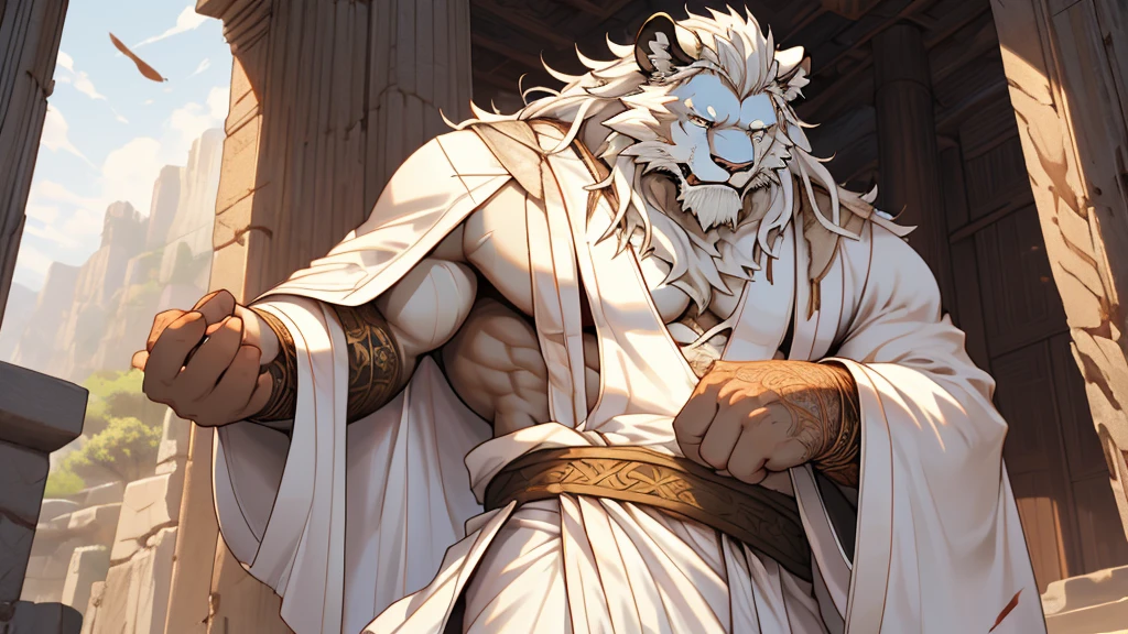 (masterpiece),(highres),(intricate details:1.4),extremely detailed,(illustration:1.2),8k,photorealistic,exquisite,,aged,elder male lion ,muscular,(bishop :1.7),(Ancient Greek mythological style;1.8),(loose white robe:1.6),manhood,safeguard,(white hair:1.3),long hair,long white beard,scar,(badly damaged),(sacrifice),hurt,broken body ,(bulging crotch:1.8),(homosexual),(naked upper body:1.7),(a serene face:1.9)