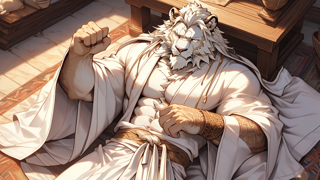 (masterpiece),(highres),(intricate details:1.4),extremely detailed,(illustration:1.2),8k,photorealistic,exquisite,solo, (Bold perspective),aged,elder male lion ,muscular, (Ancient Greek mythological style;1.8)(white robe:1.6),manhood,safeguard,(white hair:1.3),long hair,long white beard,scar,(badly damaged),(sacrifice),hurt,broken body ,(bleeding) ,(killed by his brother:1.9),naked body