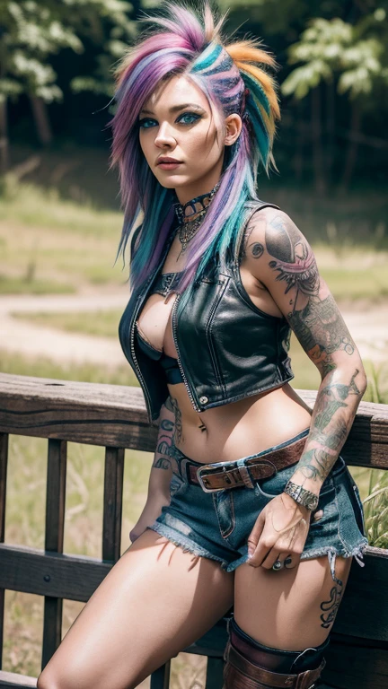 8k high resolution ultra detailed photography of a 35 year old punk woman with rainbow hair, 35 year old punk woman wears a cropped leather vest with tiger skin and jeans shorts with sexy leather chaps and cowboy boots, woman sits in full body pose on a wooden fence looking into the camera , the face of the 35 year old punk woman is depicted in ultra detail with beautiful green eyes and long eyelashes and full lips, full body tattoo