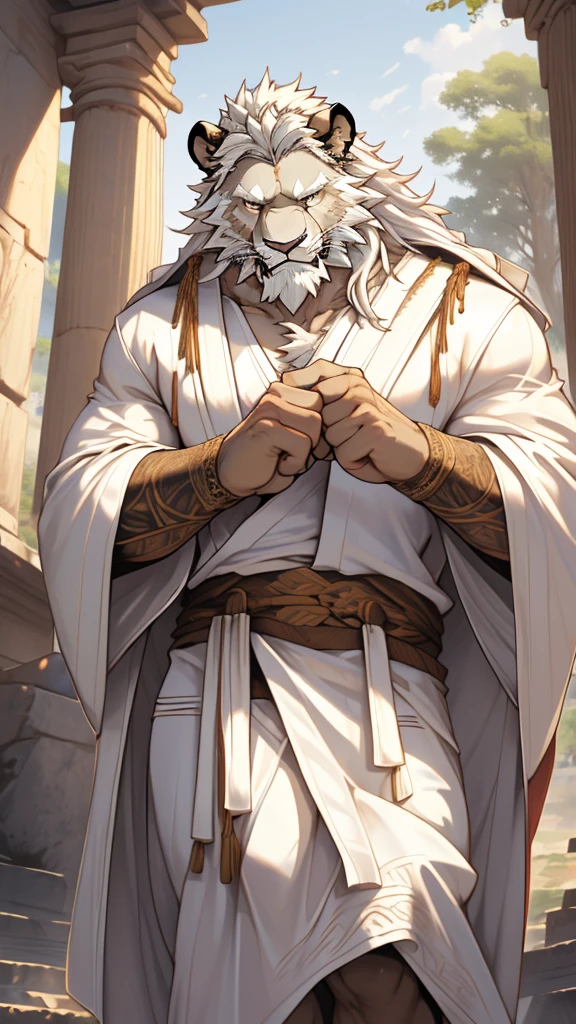 (masterpiece),(highres),(intricate details:1.4),extremely detailed,(illustration:1.2),8k,photorealistic,exquisite,solo, (Bold perspective),aged,elder male lion ,muscular, (Ancient Greek mythological style;1.8)(white robe:1.6),manhood,safeguard,(white hair:1.3),long hair,long white beard,scar,(badly damaged),(sacrifice),hurt,broken body ,(bleeding) ,(killed by his brother:1.9),naked body