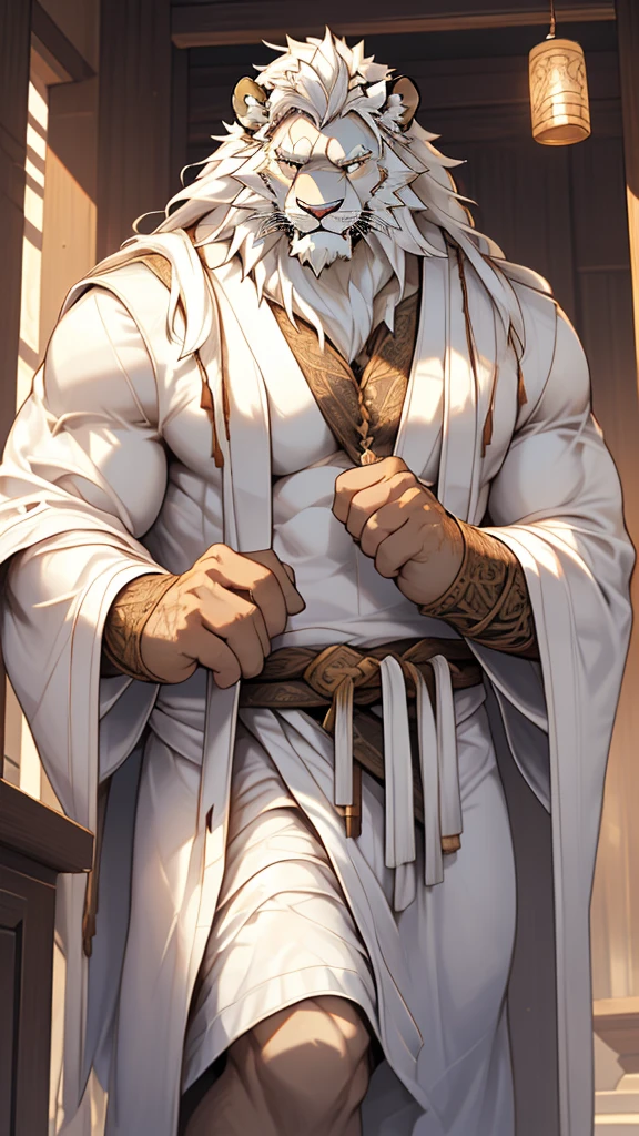 (masterpiece),(highres),(intricate details:1.4),extremely detailed,(illustration:1.2),8k,photorealistic,exquisite,solo, (proud chest and abdominal muscles),aged,elder male lion ,muscular, (Ancient Greek mythological style;1.8)(white robe:1.6),manhood,safeguard,(white hair:1.3),long hair,long white beard,scar,(badly damaged),(sacrifice),hurt,broken body ,bleeding ,(suffering from severe disease :1.9),naked body
