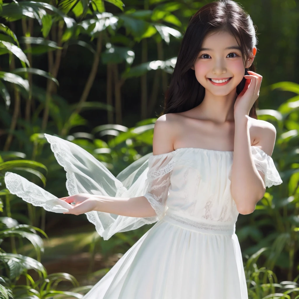 RAW Photos:1.2, masterpiece, Highest quality, 16K, Unbelievably absurd, Very detailed, Perfect beauty, Beautiful cute girl, A perfect smile、A sheer dress fluttering in the wind, Off the shoulder, Strapless, Rainbow gradient, The butterfly tattoo on her arm moves to appeal to the viewers., forest,