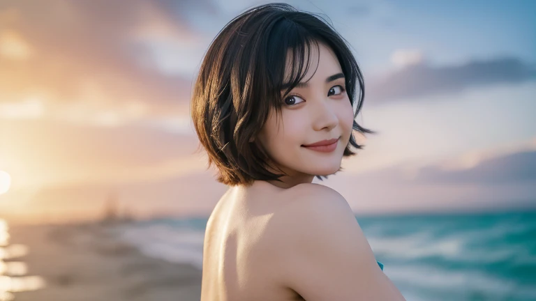 (award winning, 8k, super detailed, high resolution, best quality, photography, portrait), 1girl, solo, beautiful girl, beautiful eyes, detailed eyes, (black eye), ((short hair)), black hair, at the beach, POV, (arms wide open pose), smiley, ocean breeze, sunlight, sunset, coconut tree, back lighting