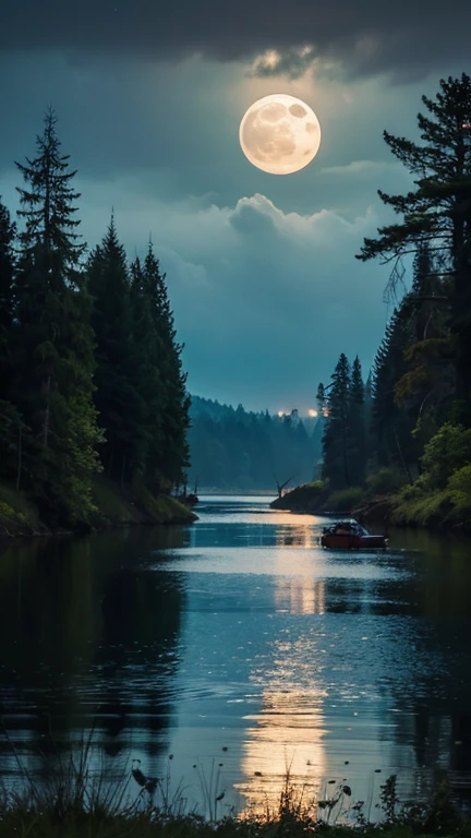 In the Dark、moonlight、Ancient Forest、Dark Forest、Night Forest、Deep in the forest、Timberwolves、Wolf pack、Four-legged beast、Waterfront、A town swallowed by the forest, wild nature oil painting