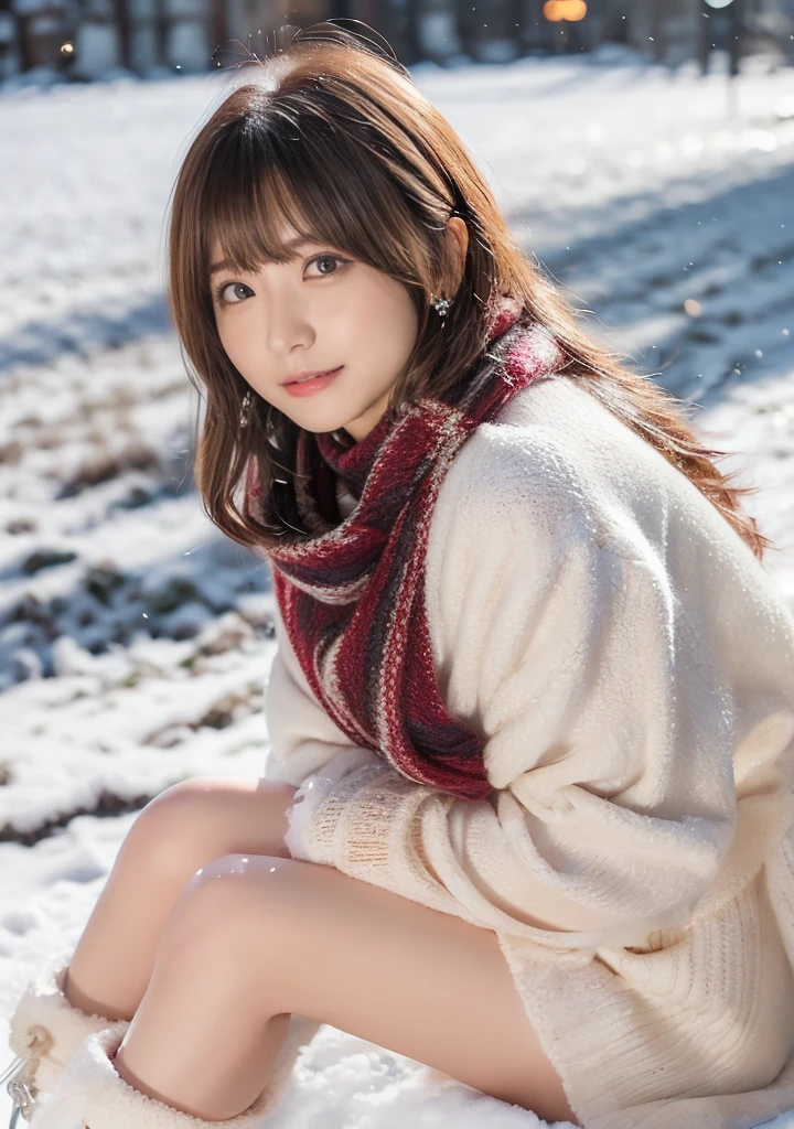 Fluffy scarf、Photo from the waist up、Night city illumination shot、Cowgirl Shot、Fur coat、豪華なグレーのミンクのFur coat、Wear fine leather boots、Luxury Bags、Inner turtleneck、Silver necklace and small silver earrings Millionaire style:1.4))、Full body photo、smile、 Caustics、Highly detailed photos、Very beautiful woman 、Ample breasts、No makeup、(8K、RAW Photos、Highest quality、masterpiece:1.2)、(Realistic、Realistic)、1 Girl、((Medium Short Hair、Midwinter、Cold region Snow falling、The wind is blowing、Fluttering Hair、Blur the background、Colorful illuminations、Looking into the camera:1.4))、