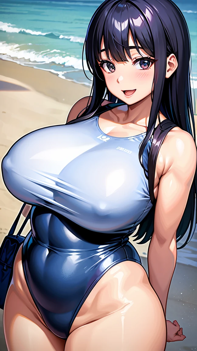 A 45-year-old married Japanese woman with a plump body and shiny skin is standing in the beach, wearing a one-piece swimsuit with high leg panties. Her long black hair is shiny and her face is peaceful with a big smile and an open mouth. She is looking straight at the viewer with a realistic expression. Her skin is very shiny after applying oil, giving it a high gloss appearance. Her arms are behind her back, and she is wearing headphones and carrying a bag. Her huge breasts are bursting out of her , tight preated skirt, creating a deep valley.