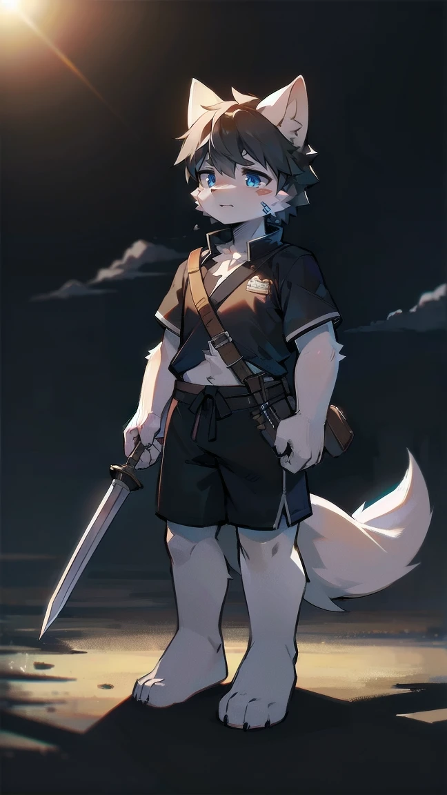 White Wolf,black hair,Sky blue eyes,hairy,Wolf ears,Wolf tail,Full body portrait,The character is in the center of the frame,Handsome,Confident eye***but,juvenile,Black and white combat uniform,Red neck bib,Black shorts,Short sleeve,hairy arms and legs,Dark background,Dark battlefield,dawn,sunrise,dawn,illumination,shadow,Swordsman,Scabbard and Hold the hilt of a in your hand,The scabbard is at the waist,Highest quality,A tall stature
