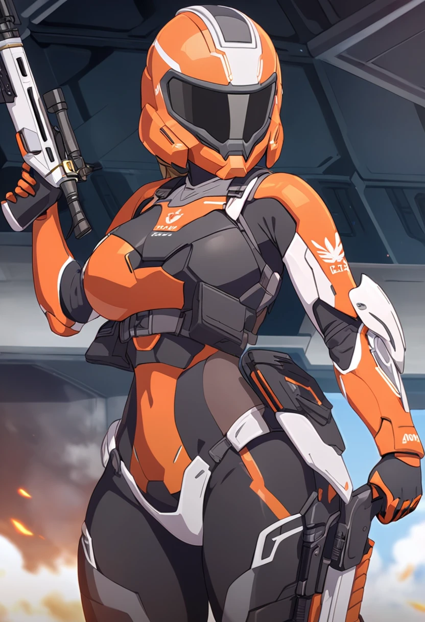 young woman, slightly curvy body, Science fiction, elite ceramic armor, combat helmet with mask, armed with a submachine gun, black and orange armor